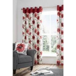 Fusion Red Adriana Floral Lined Eyelet Curtains