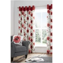 Fusion Red Adriana Floral Lined Eyelet Curtains