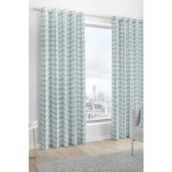 Fusion Duck Egg Blue Delft Skandi Geo Leaf Lined Eyelet Curtains