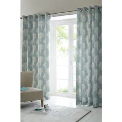 Fusion Duck Egg Blue Woodland Trees Jacquard Lined Eyelet Curtains