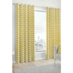 Fusion Ochre Yellow Delft Skandi Geo Leaf Lined Eyelet Curtains