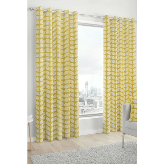 Fusion Ochre Yellow Delft Skandi Geo Leaf Lined Eyelet Curtains 1 Fusion Ochre Yellow Delft Skandi Geo Leaf Lined Eyelet Curtains
