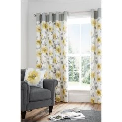 Fusion Yellow Adriana Floral Lined Eyelet Curtains